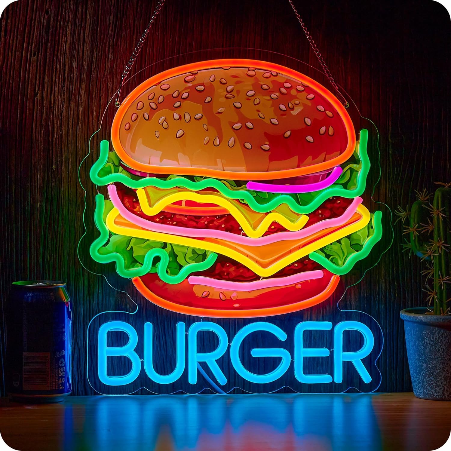 Photography Lighting For Food - ป้ายไฟนีออนรูปเบอร์เกอร์ ไฟตกแต่งผนังสำหรับธุรกิจ ใช้พลังงาน USB ไฟ LED