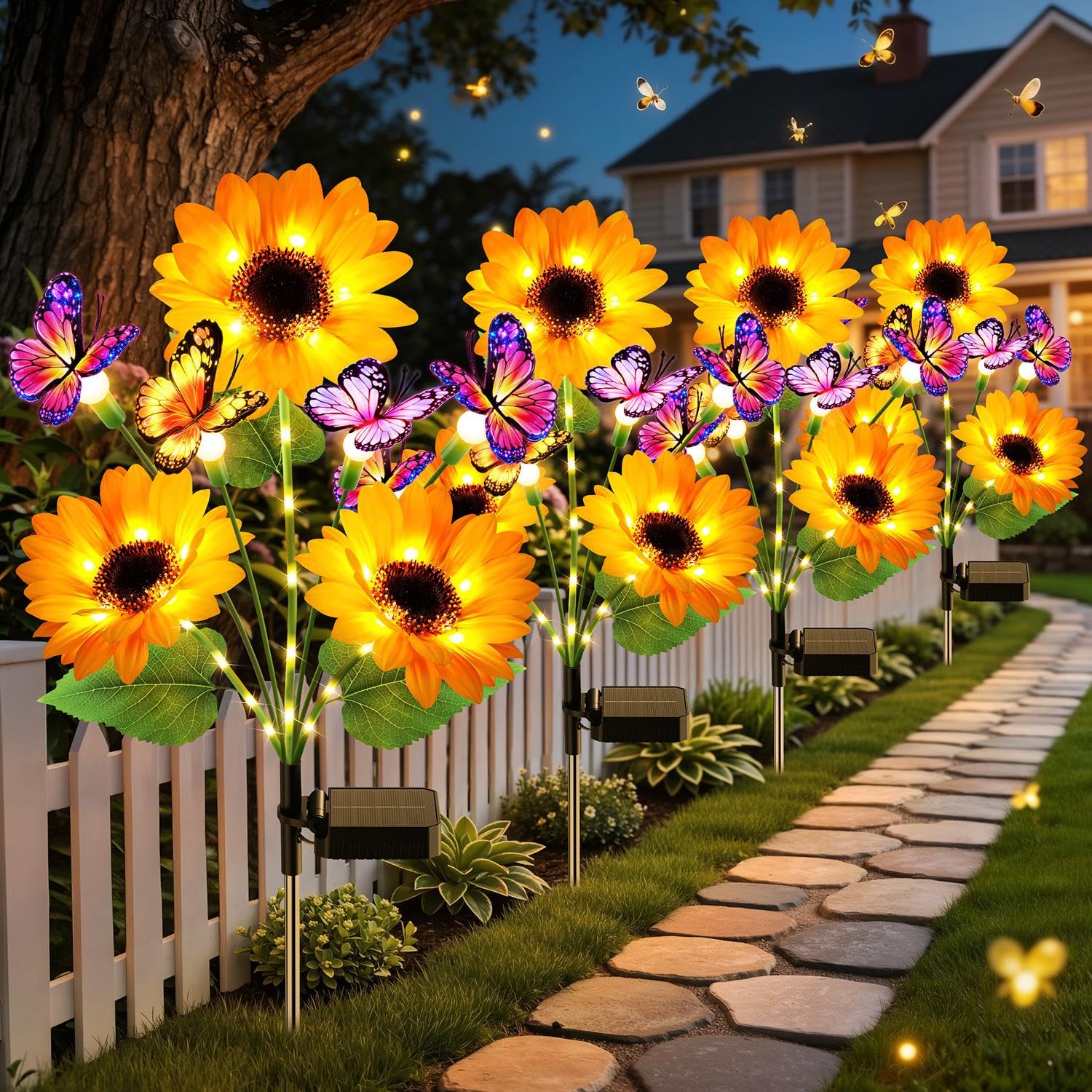 Flower Photography Led Lighting Pack - ไฟสวนพลังงานแสงอาทิตย์สำหรับตกแต่งภายนอกอาคาร, ชุดไฟดอกทานตะวันพลังงานแสงอาทิตย์แบบอัพเกรด 4 ชิ้น พร้อมผีเสื้อ 16